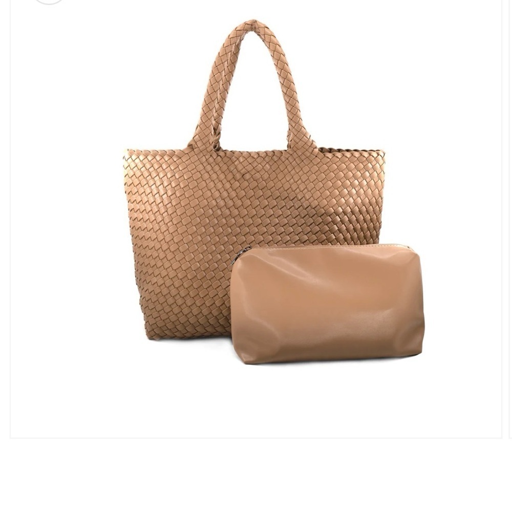 Tan Woven Tote Bag with Matching Pouch